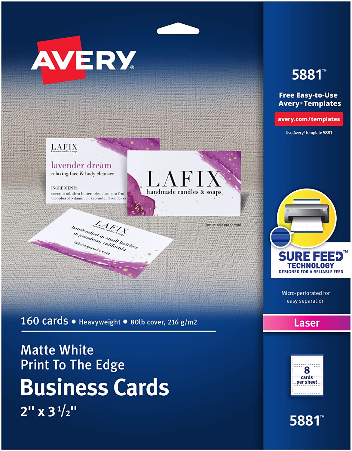 Avery 5881 Print-to-the-Edge Microperf Business Cards, Color Laser, 2 x 3 1/2, White (Pack of 160) Product Image