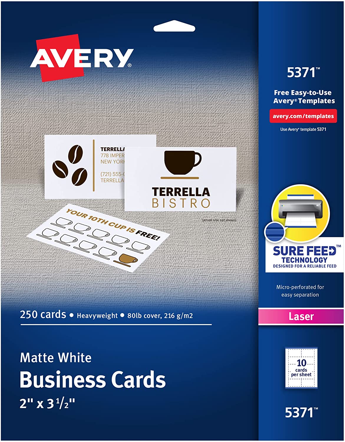 Avery Printable Business Cards, Laser Printers, 250 Cards, 2 x 3.5 (5371) Product Image